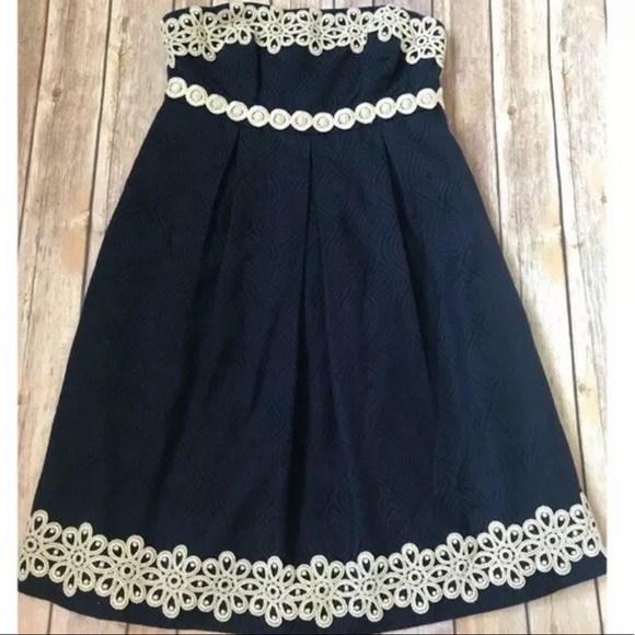 Lilly Pulitzer Betsy Strapless Navy Blue and Gold dress